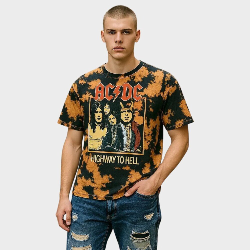 AC/DC Band Tee Mens 2XL Tie Dye Highway To Hell Graphic Rocker Grunge Shirt